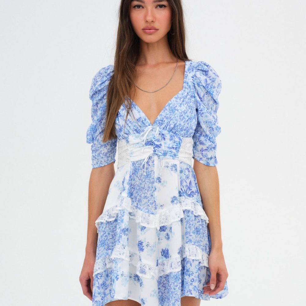 For Love & Lemons Light Blue Floral Mini Dress with Puff Sleeves